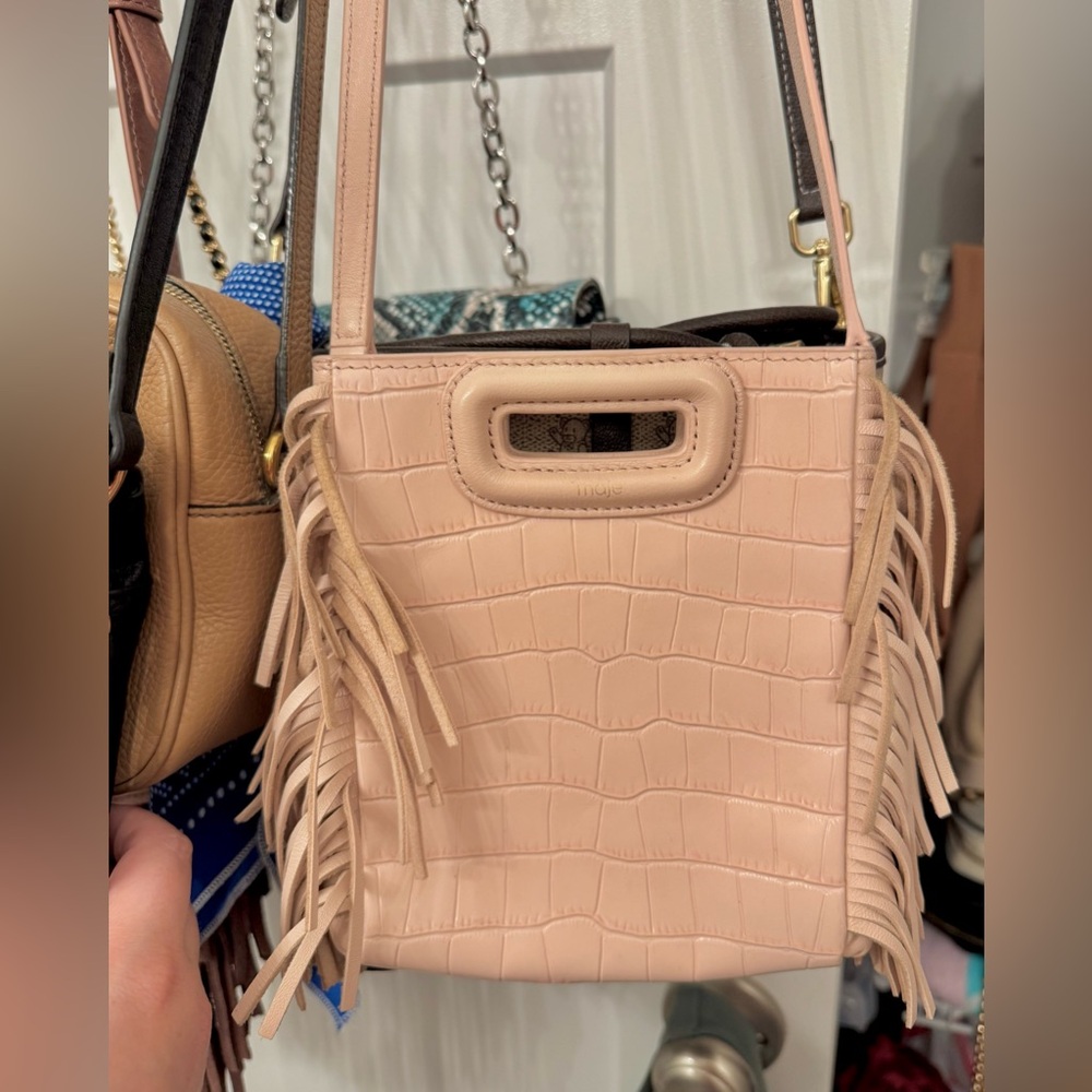 Maje Fringed Pale Pink Croc-Embossed Women's Mini Bag - Picture 2 of 7